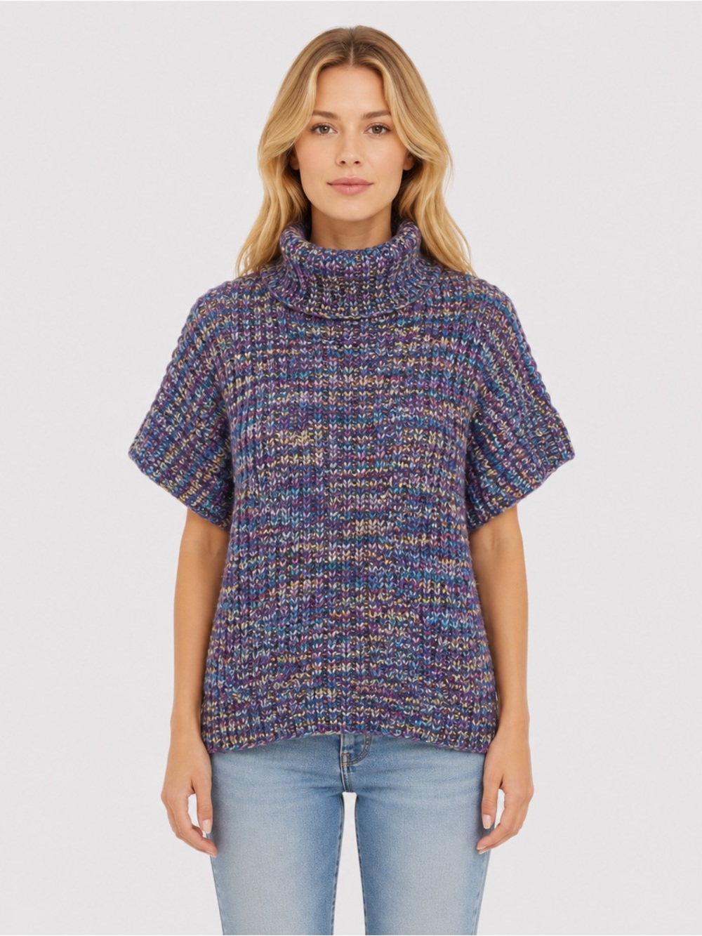 Handknit Handmade Turtleneck Sweater Short Sleeve Boxy Fit Purple Marled Size XL